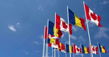 Romania and Canada Flags Waving Together in the Sky, Seamless Loop in Wind, Space on Left Side for Design or Information, 3D Rendering video