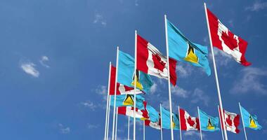 Saint Lucia and Canada Flags Waving Together in the Sky, Seamless Loop in Wind, Space on Left Side for Design or Information, 3D Rendering video