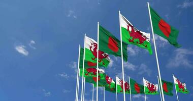 Wales und Bangladesch Flaggen winken zusammen im das Himmel, nahtlos Schleife im Wind, Raum auf links Seite zum Design oder Information, 3d Rendern video