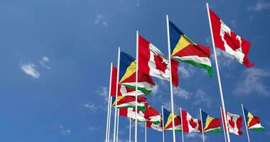 Seychelles e Canada bandiere agitando insieme nel il cielo, senza soluzione di continuità ciclo continuo nel vento, spazio su sinistra lato per design o informazione, 3d interpretazione video