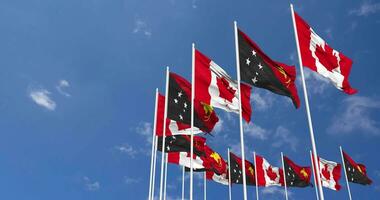 Papuasia nuevo Guinea y Canadá banderas ondulación juntos en el cielo, sin costura lazo en viento, espacio en izquierda lado para diseño o información, 3d representación video