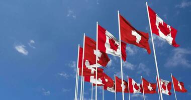 Switzerland and Canada Flags Waving Together in the Sky, Seamless Loop in Wind, Space on Left Side for Design or Information, 3D Rendering video