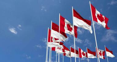 Monaco und Kanada Flaggen winken zusammen im das Himmel, nahtlos Schleife im Wind, Raum auf links Seite zum Design oder Information, 3d Rendern video