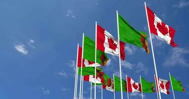 Zambia y Canadá banderas ondulación juntos en el cielo, sin costura lazo en viento, espacio en izquierda lado para diseño o información, 3d representación video