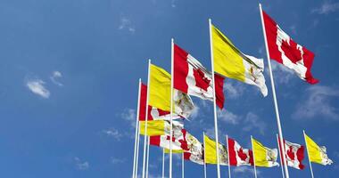 Vatican City and Canada Flags Waving Together in the Sky, Seamless Loop in Wind, Space on Left Side for Design or Information, 3D Rendering video