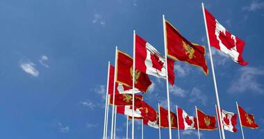 Montenegro e Canadá bandeiras acenando juntos dentro a céu, desatado ciclo dentro vento, espaço em esquerda lado para Projeto ou Informação, 3d Renderização video