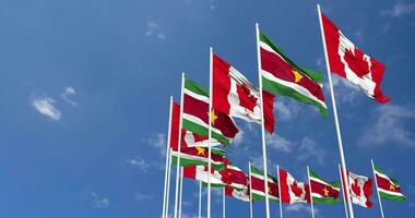 Suriname and Canada Flags Waving Together in the Sky, Seamless Loop in Wind, Space on Left Side for Design or Information, 3D Rendering video