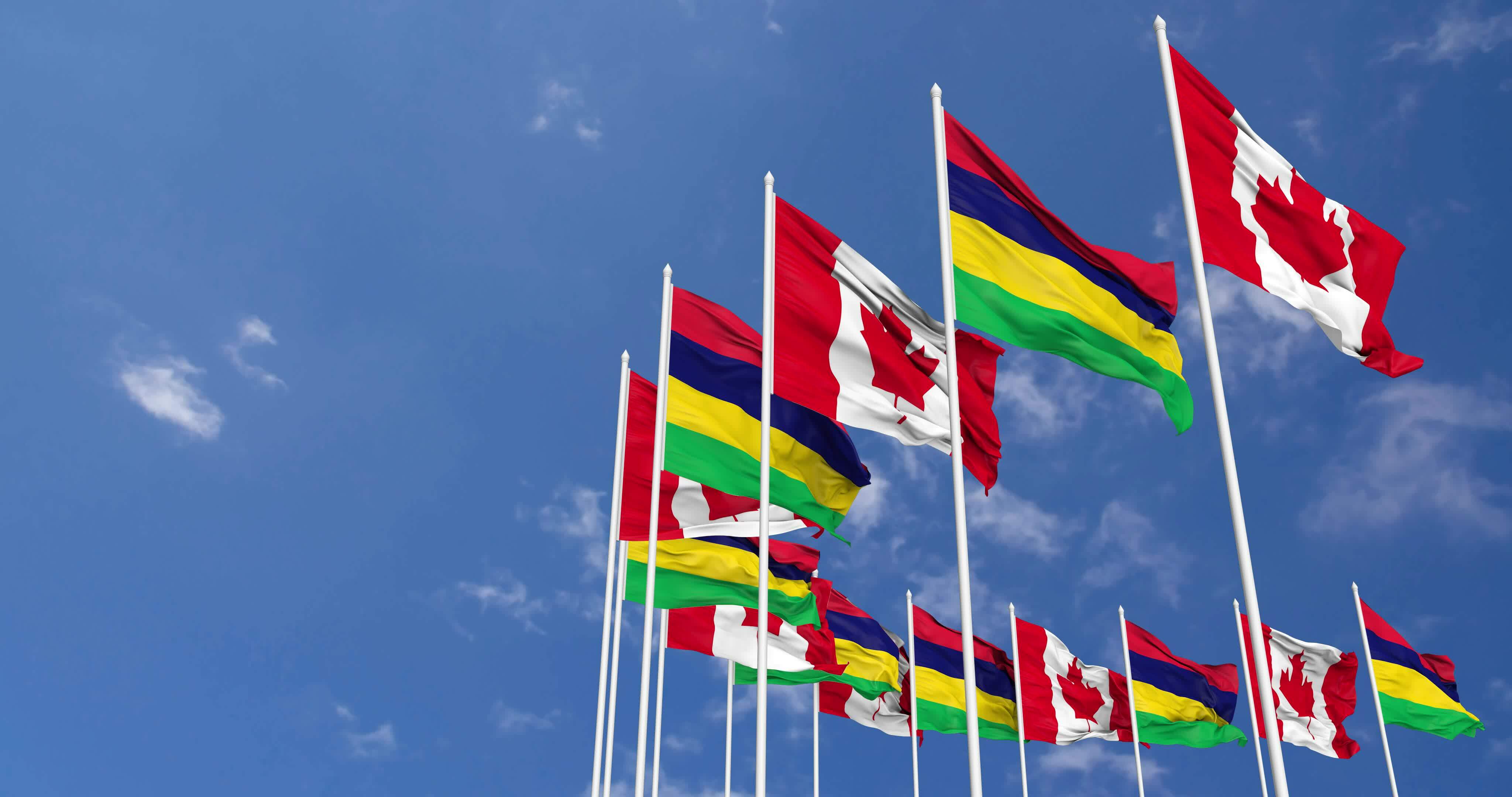 Mauritius and Canada Flags Waving Together in the Sky, Seamless Loop in ...
