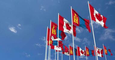 Mongolia and Canada Flags Waving Together in the Sky, Seamless Loop in Wind, Space on Left Side for Design or Information, 3D Rendering video