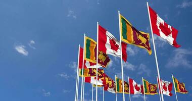 sri lanka y Canadá banderas ondulación juntos en el cielo, sin costura lazo en viento, espacio en izquierda lado para diseño o información, 3d representación video