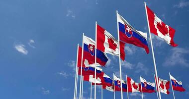 Slovakia and Canada Flags Waving Together in the Sky, Seamless Loop in Wind, Space on Left Side for Design or Information, 3D Rendering video