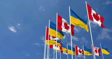 ukraina och kanada flaggor vinka tillsammans i de himmel, sömlös slinga i vind, Plats på vänster sida för design eller information, 3d tolkning video