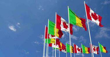 Mali and Canada Flags Waving Together in the Sky, Seamless Loop in Wind, Space on Left Side for Design or Information, 3D Rendering video