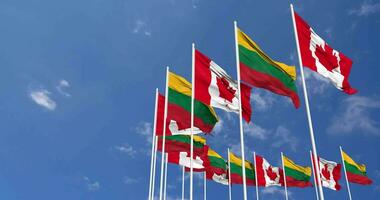 Lithuania and Canada Flags Waving Together in the Sky, Seamless Loop in Wind, Space on Left Side for Design or Information, 3D Rendering video