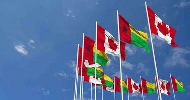 Guinea Bissau and Canada Flags Waving Together in the Sky, Seamless Loop in Wind, Space on Left Side for Design or Information, 3D Rendering video