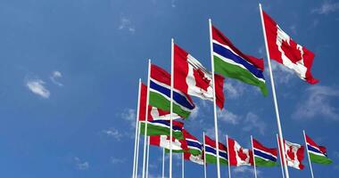 gambia och kanada flaggor vinka tillsammans i de himmel, sömlös slinga i vind, Plats på vänster sida för design eller information, 3d tolkning video