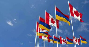 Armenia and Canada Flags Waving Together in the Sky, Seamless Loop in Wind, Space on Left Side for Design or Information, 3D Rendering video