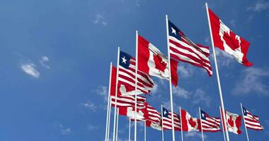 Liberia and Canada Flags Waving Together in the Sky, Seamless Loop in Wind, Space on Left Side for Design or Information, 3D Rendering video