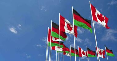 Malawi and Canada Flags Waving Together in the Sky, Seamless Loop in Wind, Space on Left Side for Design or Information, 3D Rendering video