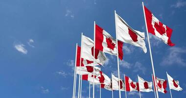 Japan and Canada Flags Waving Together in the Sky, Seamless Loop in Wind, Space on Left Side for Design or Information, 3D Rendering video