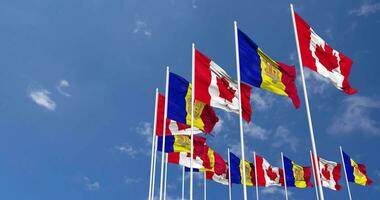 Andorra and Canada Flags Waving Together in the Sky, Seamless Loop in Wind, Space on Left Side for Design or Information, 3D Rendering video