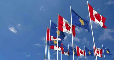 Kosovo and Canada Flags Waving Together in the Sky, Seamless Loop in Wind, Space on Left Side for Design or Information, 3D Rendering video