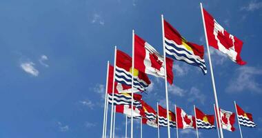 Kiribati and Canada Flags Waving Together in the Sky, Seamless Loop in Wind, Space on Left Side for Design or Information, 3D Rendering video