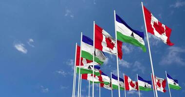Lesoto e Canada bandiere agitando insieme nel il cielo, senza soluzione di continuità ciclo continuo nel vento, spazio su sinistra lato per design o informazione, 3d interpretazione video