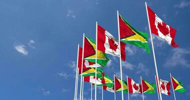 Guyana and Canada Flags Waving Together in the Sky, Seamless Loop in Wind, Space on Left Side for Design or Information, 3D Rendering video