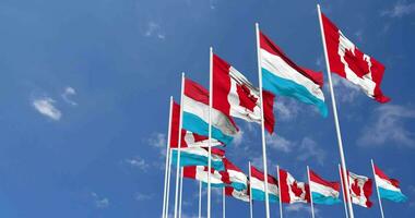lussemburgo e Canada bandiere agitando insieme nel il cielo, senza soluzione di continuità ciclo continuo nel vento, spazio su sinistra lato per design o informazione, 3d interpretazione video
