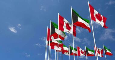 Kuwait and Canada Flags Waving Together in the Sky, Seamless Loop in Wind, Space on Left Side for Design or Information, 3D Rendering video