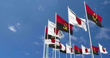 Angola and Japan Flags Waving Together in the Sky, Seamless Loop in Wind, Space on Left Side for Design or Information, 3D Rendering video