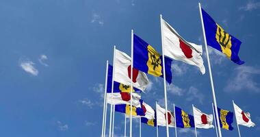 Barbados and Japan Flags Waving Together in the Sky, Seamless Loop in Wind, Space on Left Side for Design or Information, 3D Rendering video