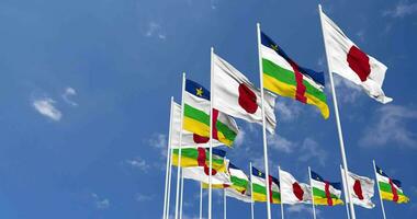 Central African Republic and Japan Flags Waving Together in the Sky, Seamless Loop in Wind, Space on Left Side for Design or Information, 3D Rendering video