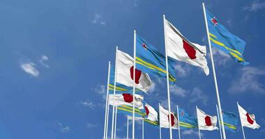 Aruba and Japan Flags Waving Together in the Sky, Seamless Loop in Wind, Space on Left Side for Design or Information, 3D Rendering video