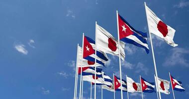 Cuba and Japan Flags Waving Together in the Sky, Seamless Loop in Wind, Space on Left Side for Design or Information, 3D Rendering video