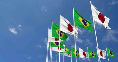 Brazil and Japan Flags Waving Together in the Sky, Seamless Loop in Wind, Space on Left Side for Design or Information, 3D Rendering video