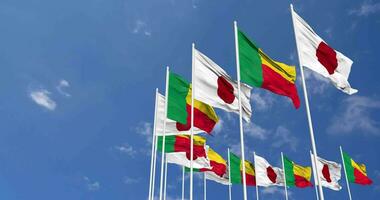 Benin and Japan Flags Waving Together in the Sky, Seamless Loop in Wind, Space on Left Side for Design or Information, 3D Rendering video
