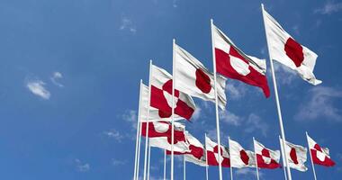 Greenland and Japan Flags Waving Together in the Sky, Seamless Loop in Wind, Space on Left Side for Design or Information, 3D Rendering video