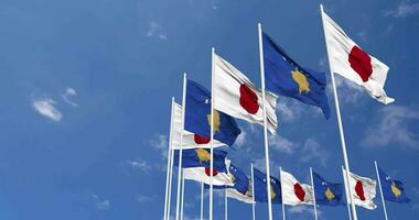 Kosovo and Japan Flags Waving Together in the Sky, Seamless Loop in Wind, Space on Left Side for Design or Information, 3D Rendering video