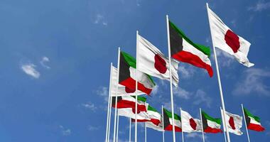 Kuwait and Japan Flags Waving Together in the Sky, Seamless Loop in Wind, Space on Left Side for Design or Information, 3D Rendering video
