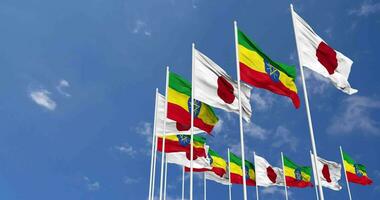 Ethiopia and Japan Flags Waving Together in the Sky, Seamless Loop in Wind, Space on Left Side for Design or Information, 3D Rendering video