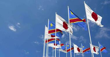 DR Congo and Japan Flags Waving Together in the Sky, Seamless Loop in Wind, Space on Left Side for Design or Information, 3D Rendering video
