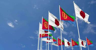 eritrea och japan flaggor vinka tillsammans i de himmel, sömlös slinga i vind, Plats på vänster sida för design eller information, 3d tolkning video
