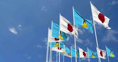 Saint Lucia and Japan Flags Waving Together in the Sky, Seamless Loop in Wind, Space on Left Side for Design or Information, 3D Rendering video