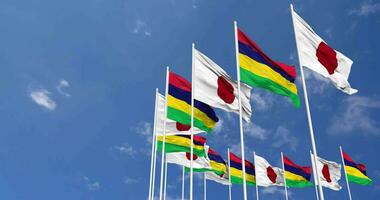 mauritius och japan flaggor vinka tillsammans i de himmel, sömlös slinga i vind, Plats på vänster sida för design eller information, 3d tolkning video