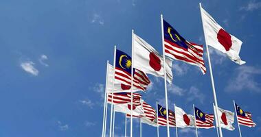 Malaysia and Japan Flags Waving Together in the Sky, Seamless Loop in Wind, Space on Left Side for Design or Information, 3D Rendering video