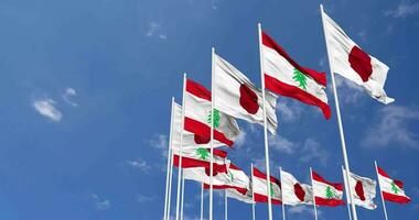 Lebanon and Japan Flags Waving Together in the Sky, Seamless Loop in Wind, Space on Left Side for Design or Information, 3D Rendering video