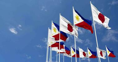 Philippines and Japan Flags Waving Together in the Sky, Seamless Loop in Wind, Space on Left Side for Design or Information, 3D Rendering video