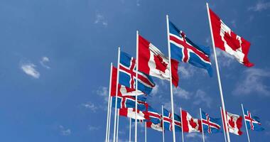 Iceland and Canada Flags Waving Together in the Sky, Seamless Loop in Wind, Space on Left Side for Design or Information, 3D Rendering video